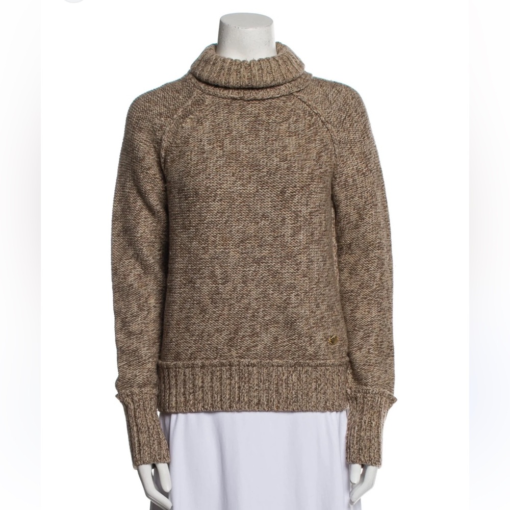 Tory Burch EUC 100% Wool Knit Turtleneck Sweater Size S Beige Brown Chunky
